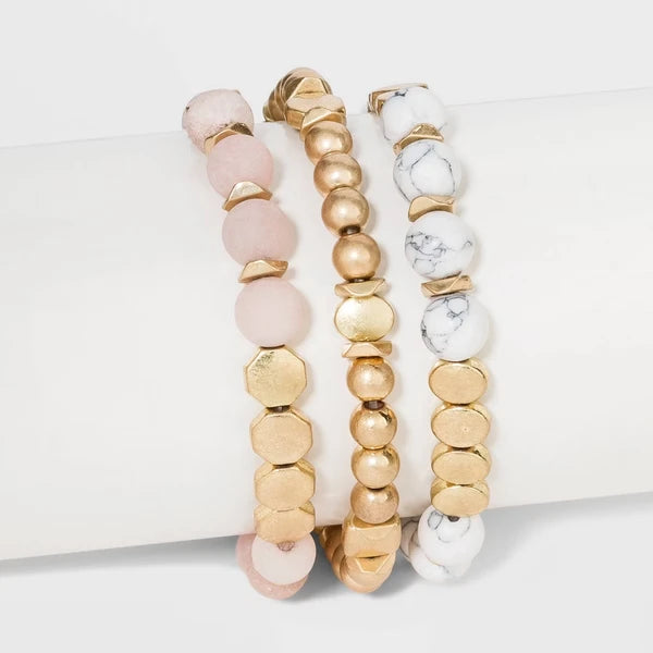 🌸 Desert Rose Howlite & Sunstone Bracelet Stack — 3 Piece Set